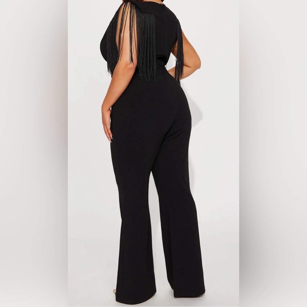 Fashion Nova Black Jumpsuit with Plunging V-Neck and Fringe shoulders